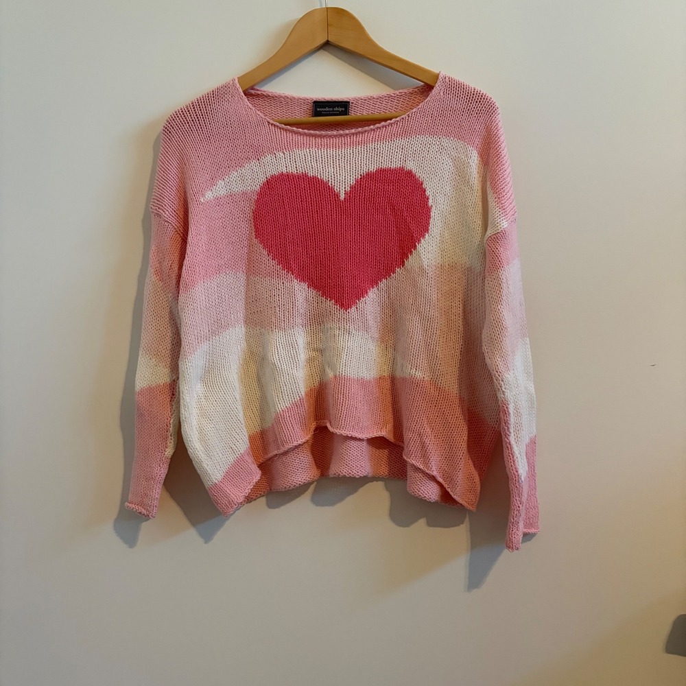 Wooden Ships Paola Buendia Pink White Heart Knit Sweater XS/S Slouchy Cotton